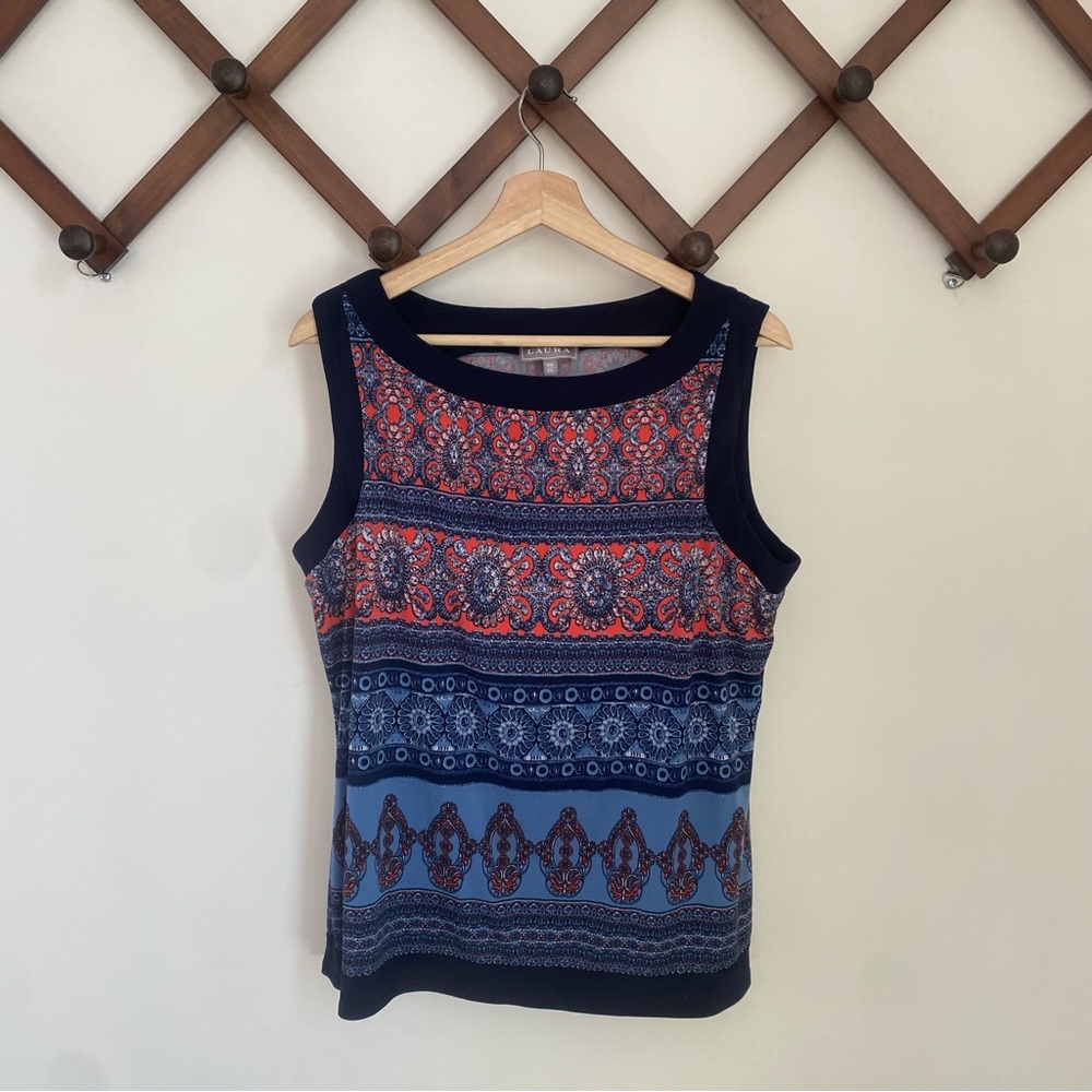 Sleeveless Patterned Tank Top - Navy & Coral